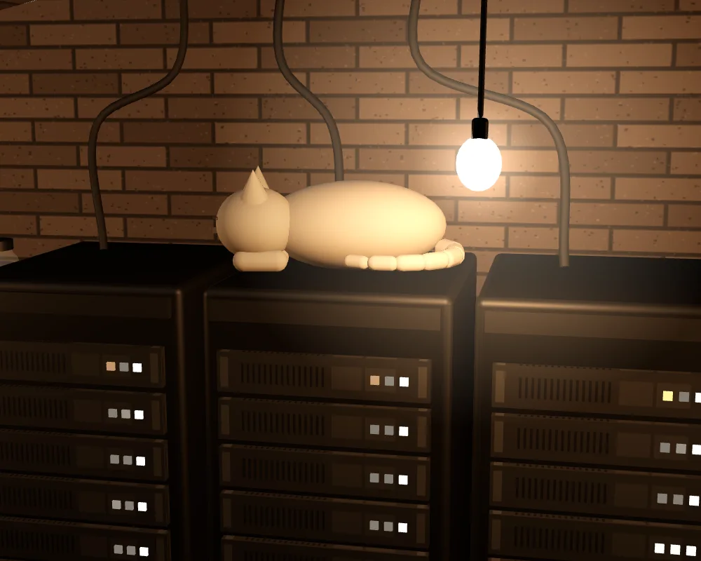 A cat asleep on a server rack in a brick cellar
