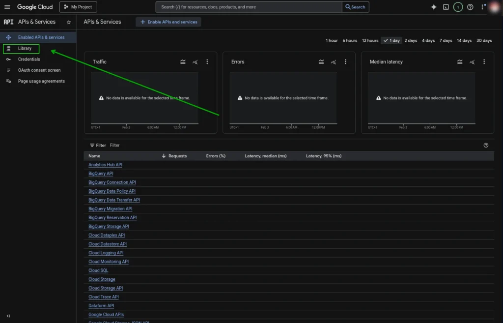 Google Cloud Dashboard - APIs and Services - Go to Library