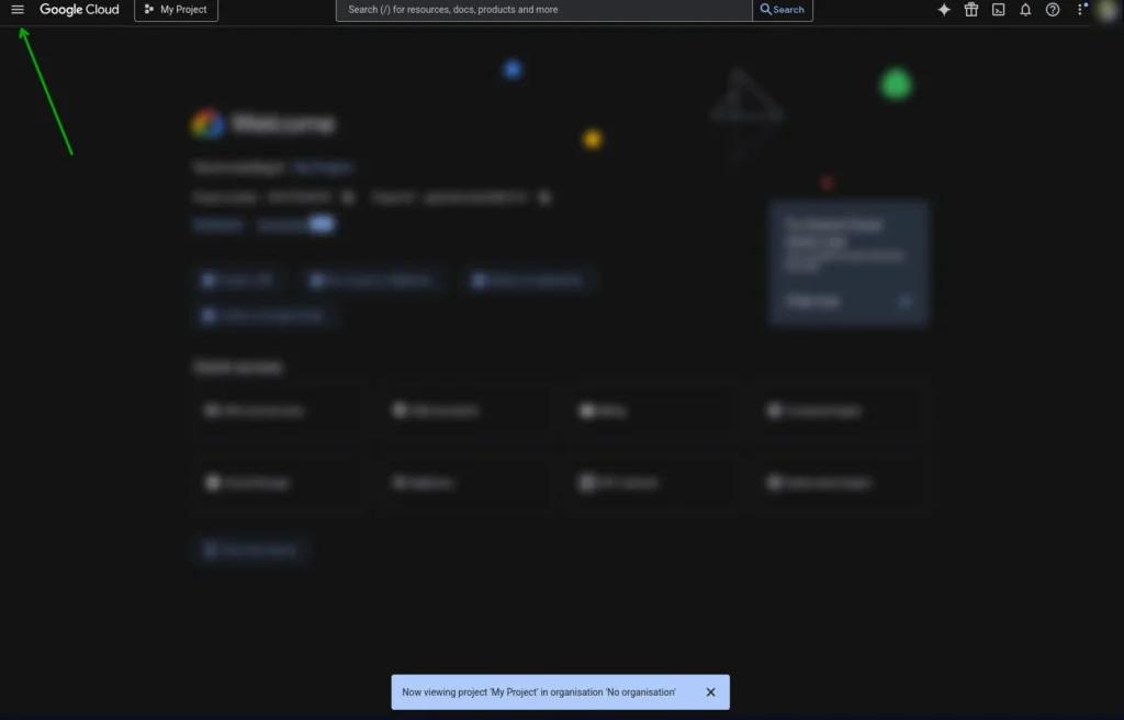 Google Cloud Dashboard, Where To Open The Menu