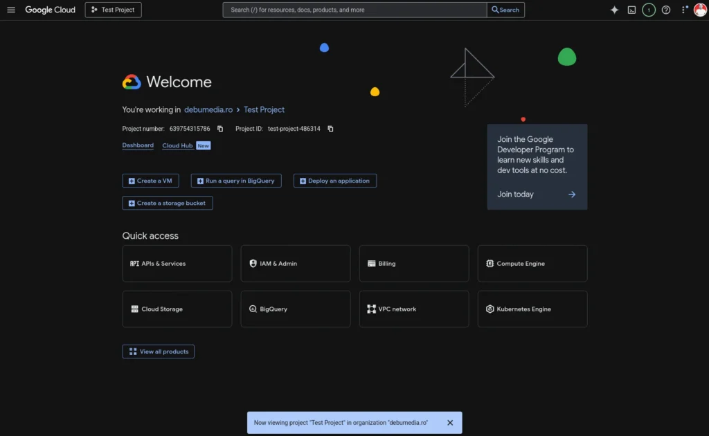 Google Cloud Console dashboard after signing in