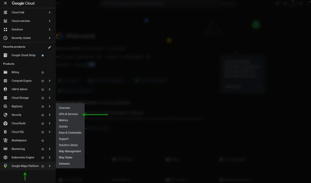 Google Cloud Console sidebar showing Google Maps Platform at the bottom, with the submenu open and an arrow pointing to APIs & Services